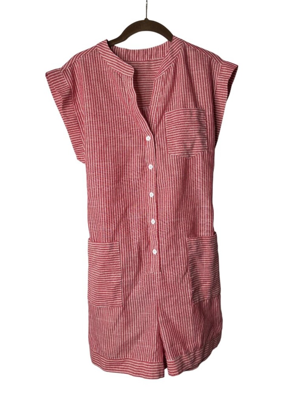 Shein Romper Size M Semi Sheer Button Front 3 Pockets Striped Red White Viscose